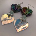 Handmade Beaded Oil Slick Rose Heart Earrings with Iridescent Lover Heart Charms White Photo 2