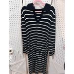 Striped Knit Collared V Neck Midi Sweater Dress Black White Long Sleeve Size L Photo 1