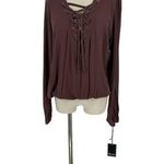 Michael Lauren Top Women's Small Brown Becker Long Sleeve Lace Up Front Elastic Photo 0