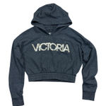 Victoria Sport  Cropped Hoodie Sparkle Rhinestone Logo Grey Long Sleeve Womens M Photo 0