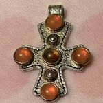 Sterling Silver Vintage solid Fire Opal cross Pendant Photo 3