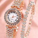 2pcs Watch and Bracelet Set Women Quartz Watch + Heart Bracelet Bling Rose Gold Photo 0