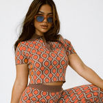 Princess Polly Retro Geometric Knit Polo Top Brown & Orange Y2K Photo 0