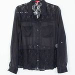 Bongo  Womens Sheer Lace Button Down Blouse Size XL Black Roll Tab Y2K Whimsigoth Photo 0