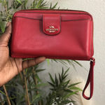Coach Leather Large Zip Wallet Cardholder Wristlet Strap Clutch Purse Bag Red Pocket Phone Holder. Measurement in pics Photo 0