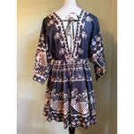 Retro Dress M Black Print V Neck Tie Mini boho whimsigoth Y2K resortwear tan Size M Photo 1