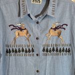 Vintage 80’s Folk Embroidery Button Front Shirt Chambray Large Christmas Grandma Blue Photo 3