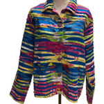 Vintage 90's Keren Hart Rainbow Striped‎ Cotton Jacket Womens Large Bright Artsy Blue Photo 0