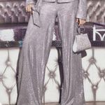 Pretty Little Thing GLITTER SILVER METALLIC SHIMMER SPARKLY WIDE LEG PANTS L Photo 2
