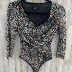 Bebe Women Animal Print Bodysuit Size XS Long Sleeve Mesh Thong Snaps Photo 0