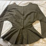 Vintage. Army Green Linen top with Shoulder Pads. Bow Front. Button Down Back. Size M Photo 1