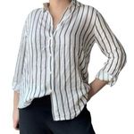 Lumière New Roll Tab Sleeve Striped Button Down Shirt White Black Photo 15