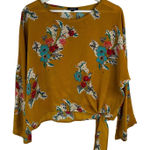 Tolani  XS Silk Blouse Top Yellow Floral Side Tie 3/4 Flare Sleeve Oversized Boxy Photo 0