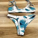 White and Blue Tropical Leaves Two Piece Bikini Women’s Small White Photo 1