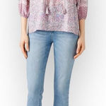 Shoshanna Solado Blouse Women's XS Pink Blue Floral 3/4 Sleeves Split V-Neck Photo 0