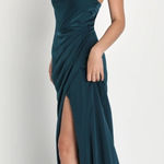 Lulus NWT  Moments of Beauty Dark Teal Satin Cowl Neck Tulip Maxi Dress Size M Photo 0
