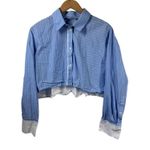 ZARA Top Women L Blue White Cropped Button Down Long Sleeve Clean Girl Minimal Photo 0