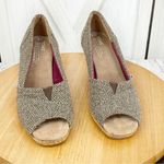 Toms  Wedge Heels Herringbone Tweed Peep‎ Toe Cork Brown Tan Size 8 Photo 2