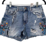 ZARA  Embroidered Distressed Cut Off Denim Shorts‎ Sz 2 Photo 0