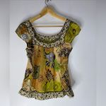 Planet Gold  Medium Green Brown Floral Boho Short Sleeve Top M Photo 1