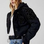 Free People  RARE Fleur de Lis Black Denim Hoodie Puffer Jacket Medium NEW Photo 1