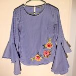 Kontrol  Striped Bell Sleeve Blouse with Floral Embroidery – Size Small Photo 0