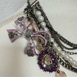 Chunky Silver Chain Faux Pearl & Rhinestone Bow Multi Strand Necklace Y2K Photo 6