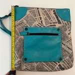 Vintage Maurizio Taiuti Italian Leather Teal/Newspaper Print Handbag Purse Blue Photo 10