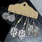 NEW Boho Western Earrings Set – Silver Leaf, Feather & Turquoise Jewelry Photo 0