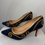 Ashro Navy Blue Suede Pointed Toe Pumps Gold Embroidery Size 9(B106) Photo 8