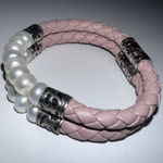 925 STERLING SILVER LEATHER AND PEARLS BRACELET BRAIDED PINK LEATHER 7.5" Photo 0