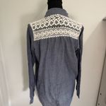 Rebellion Blue and White Casual Button Down Shirt with Lace Detail Photo 2