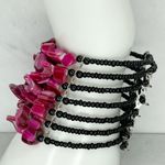 Wide Black and Pink Shell Beaded Wire Cuff Bracelet Photo 1