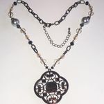 Gunmetal Gray Dark Metal Beaded Boho Cutout Pendant Necklace Black Photo 3