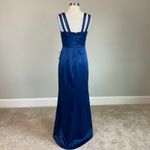 XScape  Satin Double Strap Column Evening Gown Blue Size 4 Sleeveless Thigh Slit Photo 5