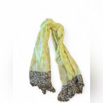 Ann Taylor  Cotton Silk Scarf Lemon & Taupe Abstract Dot Lightweight Pom Pom Trim Photo 1