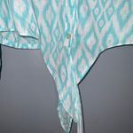 Chico's Chico’s Turquoise & White Geo Print Cotton & Metallic Tie Front Button Up Top M Photo 12