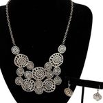 Silver Tone Sand Dollar Medallion Bib Statement Necklace Dangle Earrings Set Photo 0