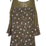 Entro  Women's Top Floral Sheer Lace Cold Shoulder Flare Sleeves Green/Pink Small Photo 0