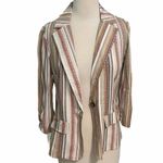 Soho Apparel Striped Linen One Button Ruched Sleeve Blazer White Orange Medium Photo 14