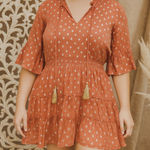 Anthropologie  Raga Kenna Polka Dot Tiered Mini Dress Dusty Pink Metallic S NWT Photo 0