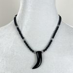 Handmade Black and Silver Tone Beaded Necklace With Horn Pendant Hand Crafted Photo 0