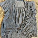 Women's Blue Denim Ruffled Top Short Sleeve Blouse Ties on Bottom Plus Size Size XXL Photo 1