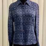Petite Sophisticate blue paisley sheer blouse. VGC Photo 0
