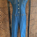 Size S//Vintage 90s Short Sleeve Cropped Leg Raw Hem Denim Jumpsuit Blue Photo 0
