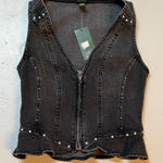 Wild Fable Womens XXS Black Denim Vest Ruffle Studded Zip V-neck Biker Western Photo 0