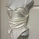 SheIn Sexy White Rhinestone Detail Ruched Bustier Cami Bodysuit Photo 2