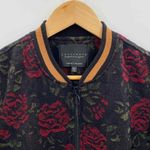 Sanctuary Bomber Jacket Womens XS Black Red Rose Print Wool Blend Lined Pockets Photo 1