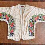 SIGNATURE8 Ecru Tassel Trim Open Front Short Kimono Top Embroidered Flowers S Red Photo 0