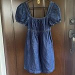 J.Crew EUC  Linen Blend Denim Square Neck Puff Sleeve Dress Size 00 Photo 3